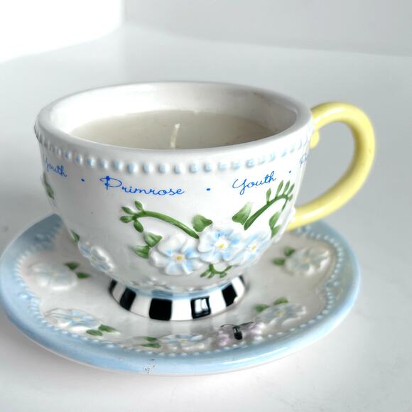 Mary Engelbreit Michel Co Teacup Candle w Saucer Youth Primrose 2003 - Picture 2 of 7
